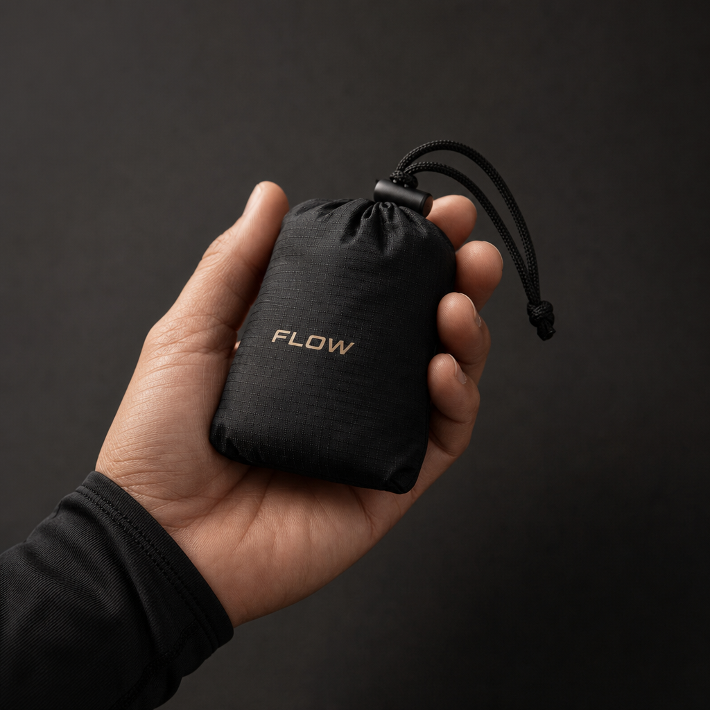 A hand holding the compact FLOW SHADE carry pouch