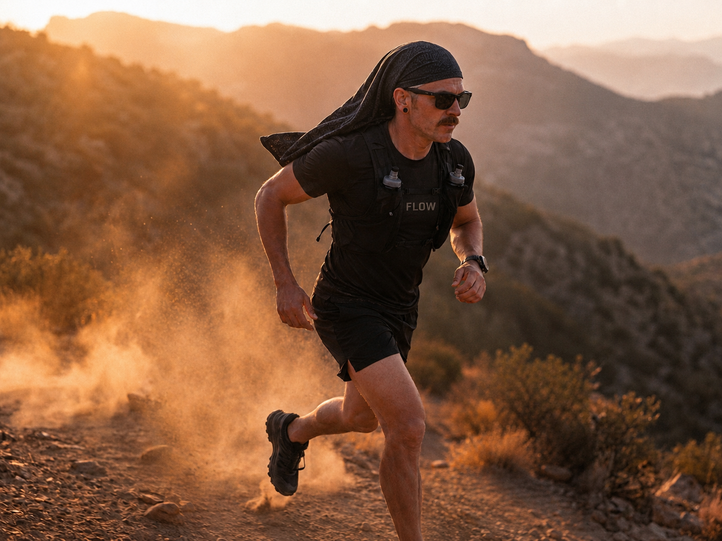 Runner wearing the SHADE gaiter on a trail in open heat